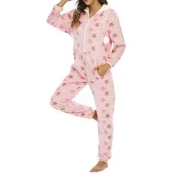 Women's Pajamas Jumpsuit Star Warm Fashion Casual Home Daily Bed Polyester Breathable Hoodie Long Sleeve Pocket Fall Winter Pink -Deals The Sexy Bra Store zttebu1692348353014