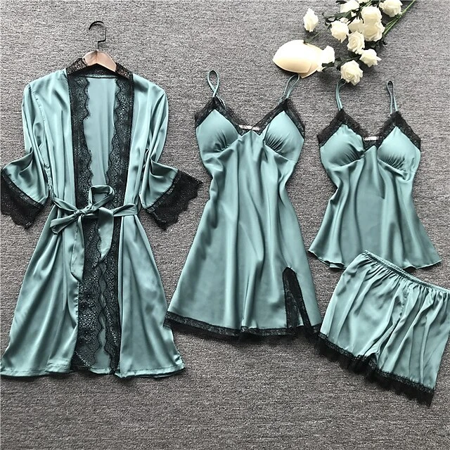 Women's Lace Satin Silk Pajamas Sets 4 Pcs Home Party Daily St.Patrick's Day Elastic Waist Pure Color Satin Simple Casual Soft Strap Top Shorts Fall Winter Spring Strap Short Sleeves Long Sleeve 9 Women's Lace Satin Silk Pajamas Sets 4 Pcs Home Party Daily St.Patrick's Day Elastic Waist Pure Color Satin Simple Casual Soft Strap Top Shorts Fall Winter Spring Strap Short Sleeves Long Sleeve - Image 9