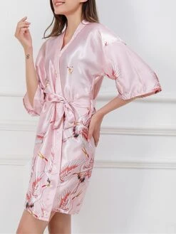 Women's Satin Silk Bathrobe Dressing Gown Animal Flower Print Casual Comfort Soft Home Daily Bed Satin Breathable V Wire Half Sleeve Summer Fall Black Pink -Deals The Sexy Bra Store zwoigm1689506605400