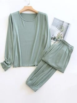 Women's Pajamas Sets Pure Color Casual Comfort Soft Home Daily Vacation Modal Crew Neck Long Sleeve T Shirt Tee Pocket Fall Winter Light Pink Matcha Green -Deals The Sexy Bra Store zxwyvf1693467420265