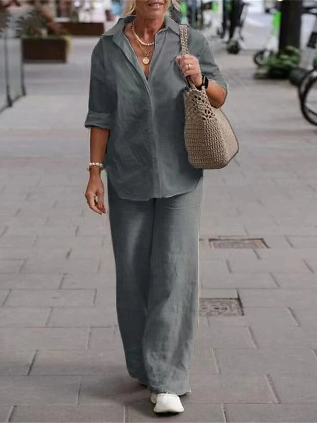 Women's Loungewear Sets Pure Color Basic Casual Comfort Home Street Daily Cotton Breathable Lapel Long Sleeve Shirt Pant Button Summer Spring Pink Blue 5 Women's Loungewear Sets Pure Color Basic Casual Comfort Home Street Daily Cotton Breathable Lapel Long Sleeve Shirt Pant Button Summer Spring Pink Blue - Image 5